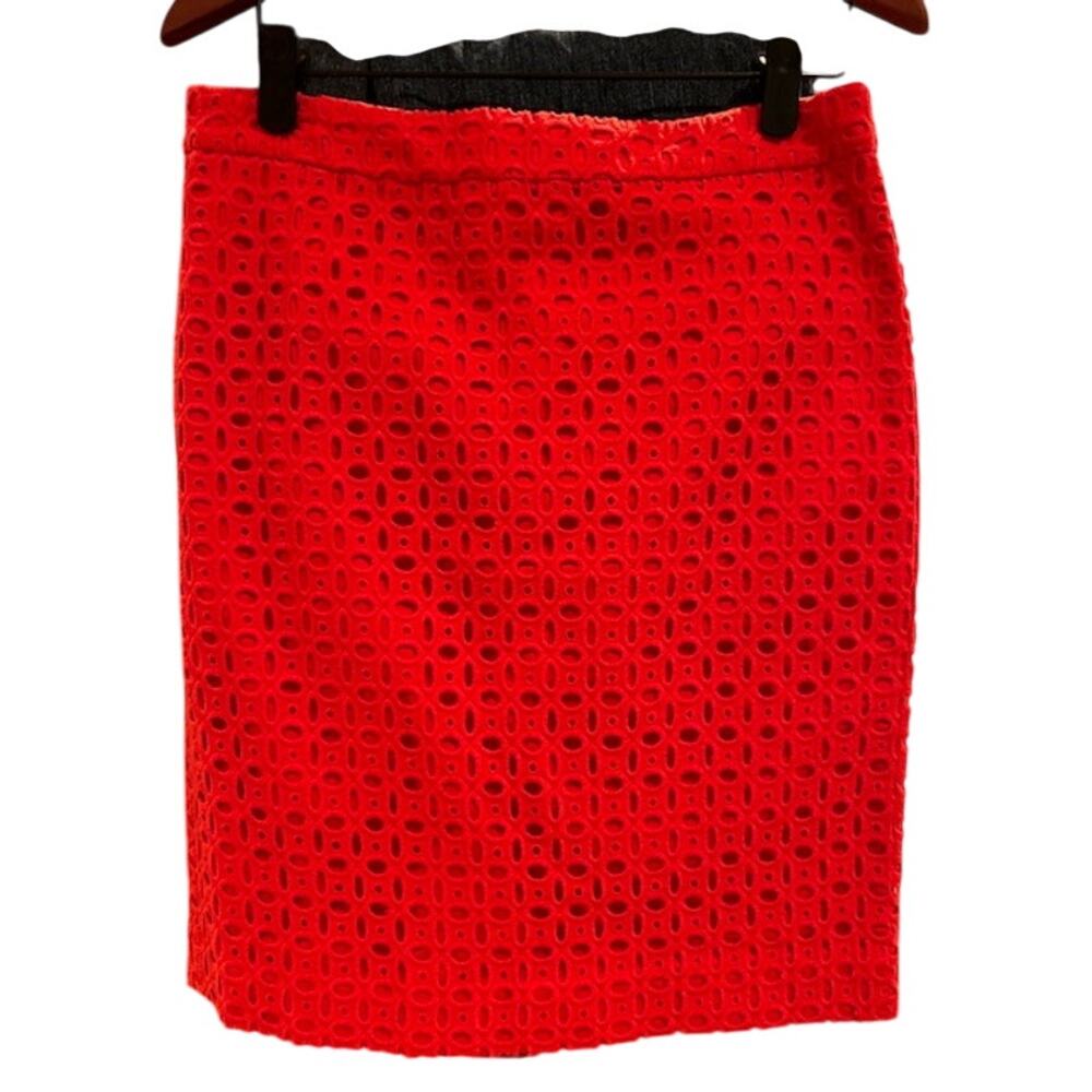 J. CREW Women's Pencil No. 2 Skirt Sz 10 Red Eyelet 100% Cotton